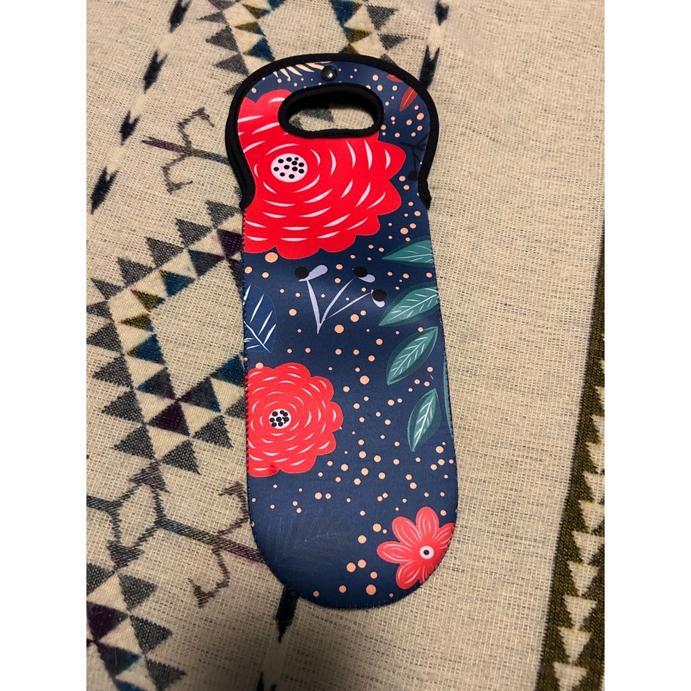 Floral Neoprene Insulated Single Wine Bottle Tote Bag Red Rose Navy Polka Dot